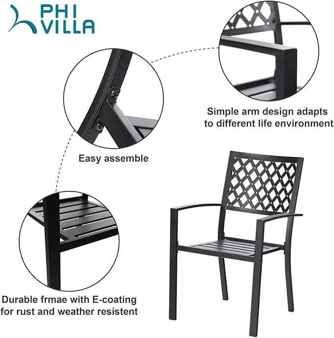 PHI VILLA Metal Outdoor Dining Chairs Set of 6 - Stackable Black Patio Chairs, 300lb Capacity (Diamond)