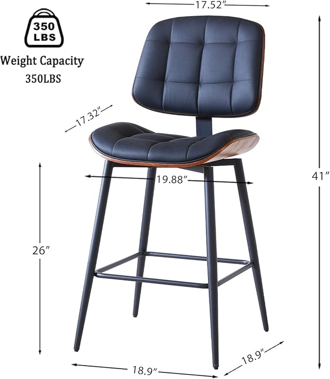 Mid Century Modern Bar Stools Set of 2 for Kitchen Island,Upholstered Black Faux Leather Counter Height stools,26 Inch Counter stools with Walnut Grain Back