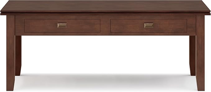 SIMPLIHOME Artisan Coffee Lift Top Table - 46 inch Wide Solid Wood Contemporary Cocktail Table in Russet Brown, Living Room with Hidden Storage Compartment, Open Shelf, and Square Knobs