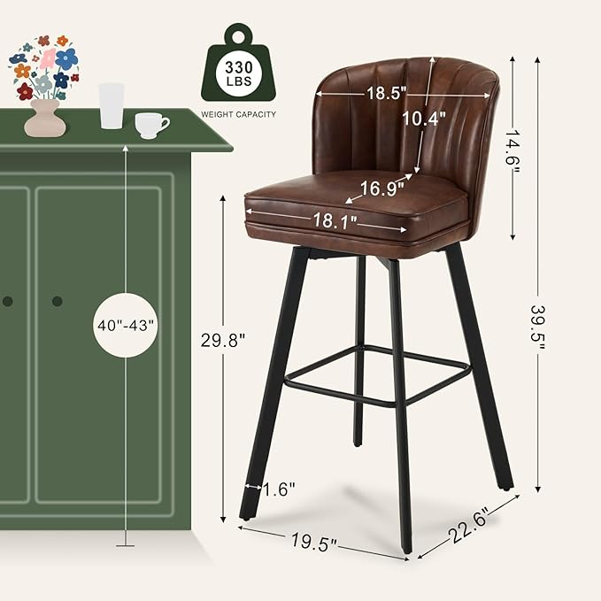 Swivel Counter Height Bar Stools Set of 3, 30'' Modern Barstools with Backs and Metal Legs, Upholstered Bar Chairs, Faux Leather Brown Stools for Kitchen Island Chairs