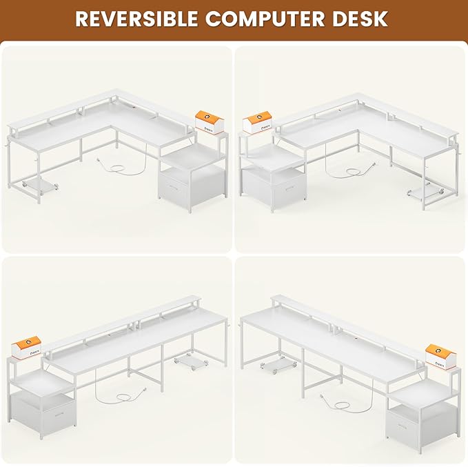 SEDETA White L Shaped Gaming Desk, 66" Home Office Desk with Wood File Drawer, Power Outlet and Led Lights, Corner Computer Desk with Monitor Shelf, Printer Storage Shelves, for Two Person