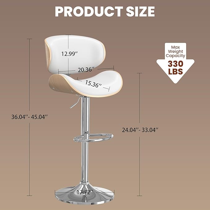 Bar Stools Set of 2, Bar Stools for Kitchen Island with Bentwood Back and Leather Seat, Swivel Barstools for Kitchen Counter, Bar, Snow White