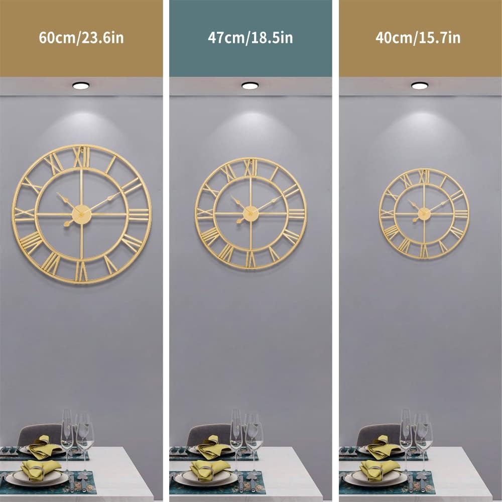 LEIKE Large Modern Wall Clocks,24" Gold Metal,Rustic,Round,Silent Non Ticking,Battery Operated Roman Numerals Clock for Living Room/Bedroom/Kitchen Wall Decor-(Gold, 60cm)
