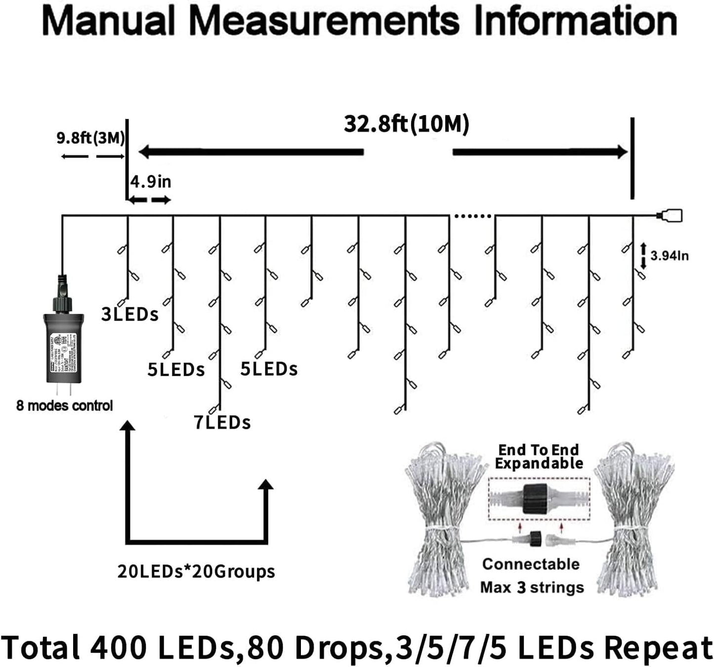 YEGUO 33ft 400 LED Blue and White Icicle Lights Outdoor Waterproof, 80 Drops Icicle String Lights Connectable, 8 Modes Icicle Christmas Lights with Memory Timer