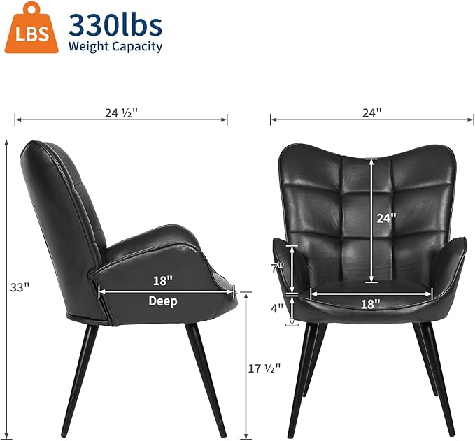 Modern Dining Room Chairs, Mid Century Faux Leather Kitchen Chairs with Back Support and Metal Legs, Accent Upholstered Dinner Chair for Kitchen, Dining Room, Living Room, Restaurant, Black