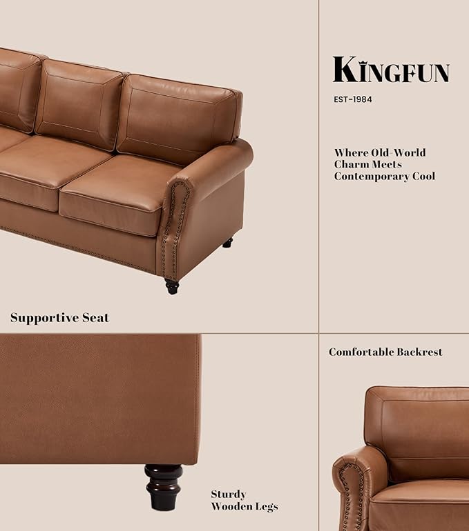 Kingfun 3 Seater Sofa, Mid-Century Modern Faux Leather Couch Set for Living Room, Brown with Rolled Arms & Nailhead Trim, Easy Assembly