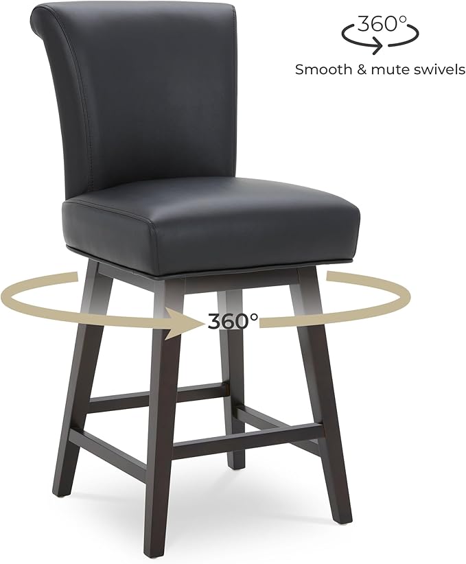 CHITA 26 Inch Counter Height Swivel Bar Stools Set of 4, FSC Certified Modern Upholstered Faux Leather Swivel Barstool Chair with Back, Black
