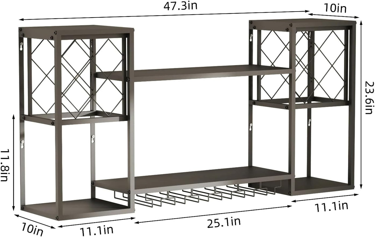 Wall Mounted Wine Rack with Glass Holder,Metal Floating Bar Liquor Shelves 2 Tier,Wine Glass Rack Multi Functional Wine Storage Display Rack for Home Bar Dining Room Kitchen