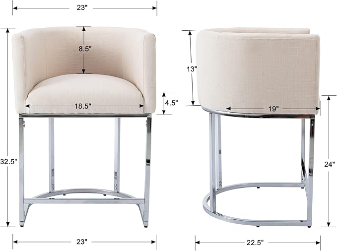 Contemporary Cream Linen Bar Stool, 24" Upholstered Fabric Counter Height Barstool Kitchen Counter Island Stool with Screwed Together Chrome Finish Base