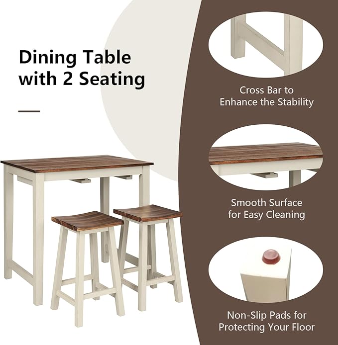 COSTWAY 3 Pieces Dining Set, Counter Height Pub Table Set with 2 Saddle Stools, Industrial Wood Breakfast Table Set for Bar, Kitchen, Living Room, Restaurant