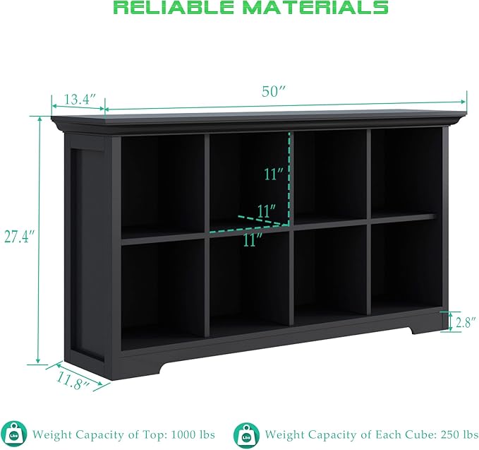 Cube Shelf Bookcase with Base - Wooden 2 Tiers Floor Standing Low Storage Cabinet for Home and Office, 8-Cube Lattice Bookshelf, Black