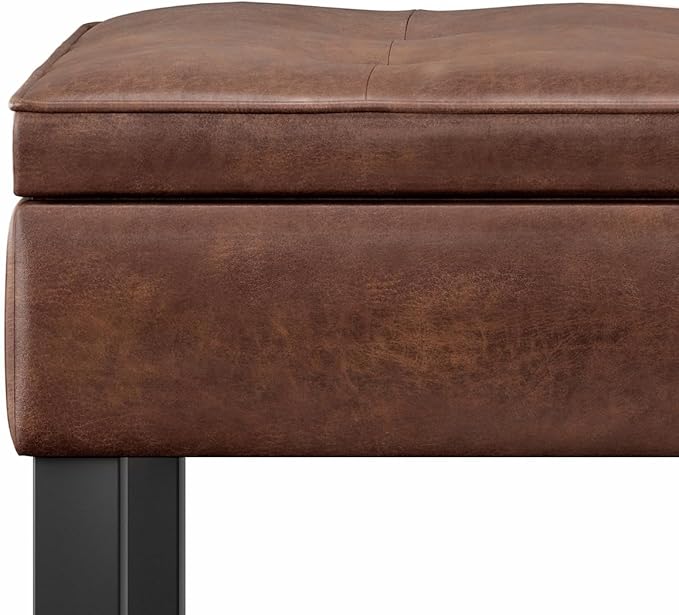 SIMPLIHOME Cosmopolitan Storage Ottoman Bench - 44 inch Wide Upholstered Vegan Leather Rectangle Storage Ottoman in Distressed Saddle Brown, Transitional Bench for Bedroom with Tufted Lift-Top
