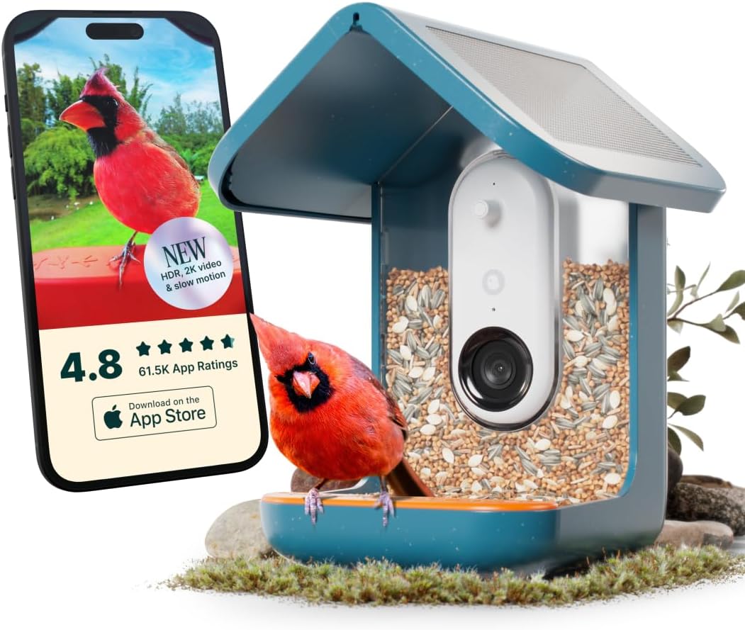 Birdbuddy PRO Solar Smart Bird Feeder with Camera - AI Bird Species Identification, 5MP Photos, 2K HD Video Live Stream Camera, Slow-Motion Video, 2.6in Focus - Blue Solar