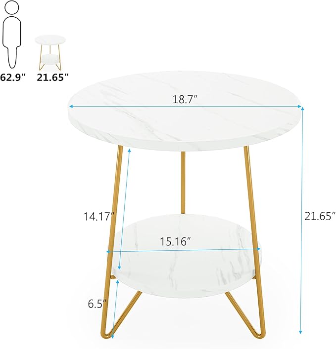 Tribesigns Faux Marble End Table, 2 Tier Round Side Table with Shelves, Modern Gold Nightstand Bedside Table Small Coffee Accent Table for Living Room Bedroom, White and Gold