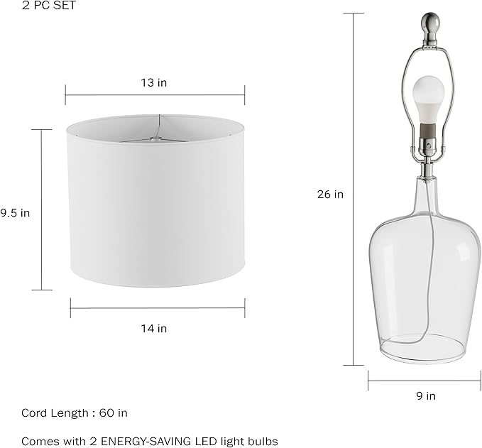 Lavish Home Glass Cloche Table Lamps – Set of 2 Modern Farmhouse Accent Lights with LED Bulbs – Home Décor for Bedroom, Living Room, or Office