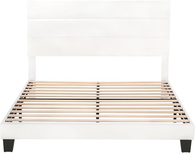 SHA CERLIN Queen Platform Bed Frame with Velvet Upholstered Headboard, Mattress Foundation with Strong Wooden Slats Support, No Box Spring Needed, White