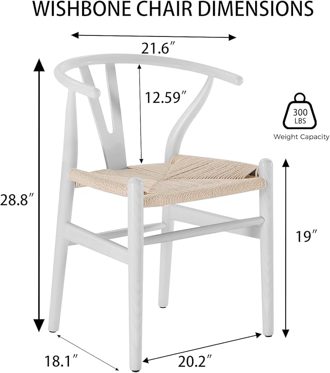 Tomile Wishbone Chairs Set of 2, Modern White Dining Chair with Arms, Solid Ash Wood Frame with Woven Seat, Mid-Century Y-Back Design for Kitchen & Dining Room Chairs Set (Ash Wood - White)
