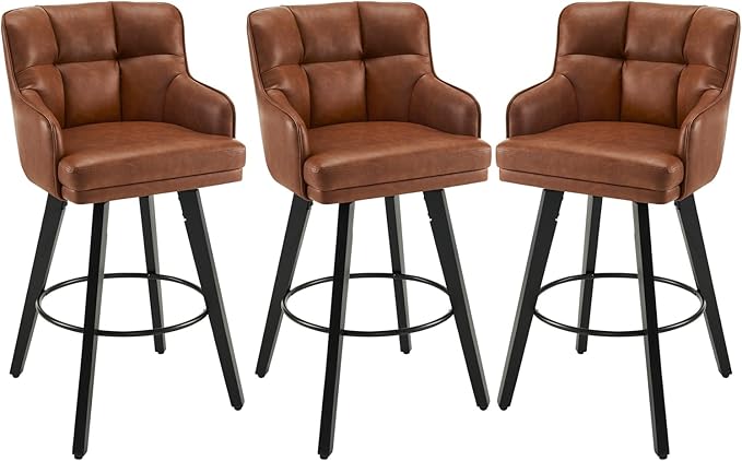 360°Swivel Counter Height Bar Stools with Back, 30 inch Solid Wood Legs, Bar Stool Modern Kitchen Island Chairs, Faux Leather (Brown- Faux Leather, 30" H- Set of 3)