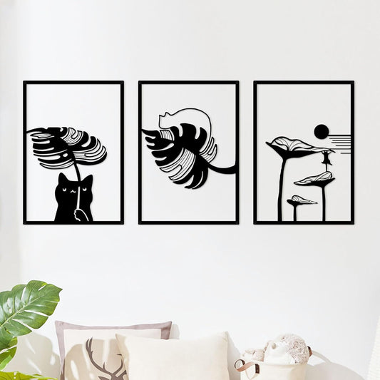 3Pcs Black Cat Wall Art, Metal Wall Sculptures, Cat Wall Decor for Cat Lovers, for Living Room Bedroom Kitchen Office Wall Hanging Décor