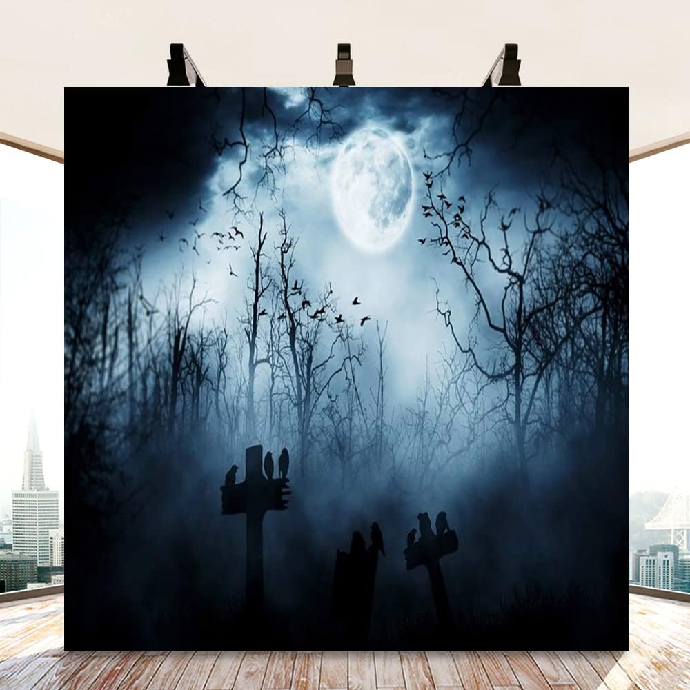 AOFOTO 10x10ft Moon Night Halloween Cemetery Photography Backdrop Flying Bats Birds Stand on Gravestone Cross Graveyard in Dark Forest Photo Background Cloth Vinyl Wallpaper Photo Studio Props