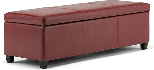 SIMPLIHOME Avalon Storage Ottoman Bench - 48 inch Wide Upholstered Vegan Leather Rectangular Lift-Top Ottoman in Red, Contemporary Storage Bench for Living Room with High-Density Foam