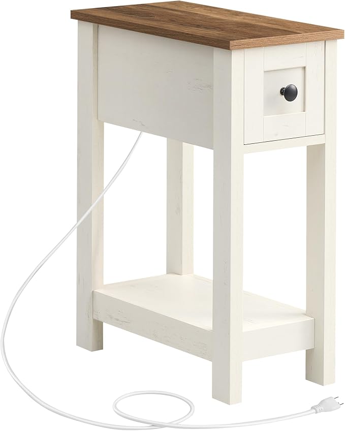 VASAGLE Narrow Side Table with Charging Station, Farmhouse End Table with Storage Drawer, Nightstand, Superfast Toolless Assembly, for Living Room, Bedroom, Honey Brown and Rustic White ULET328W01