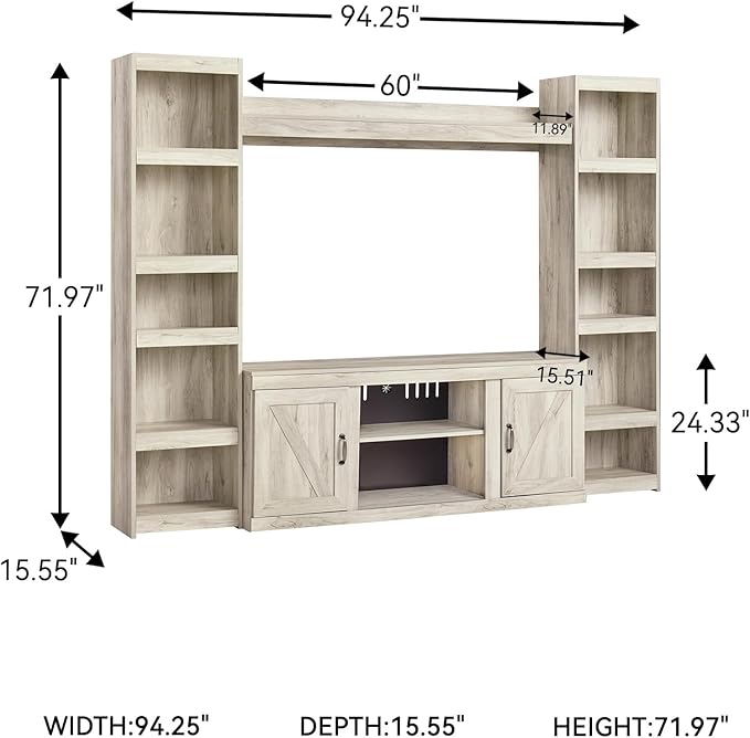 Signature Design by Ashley Bellaby Farmhouse 4-Piece Entertainment Center for TVs up to 69" with Adjustable Shelves, Whitewash