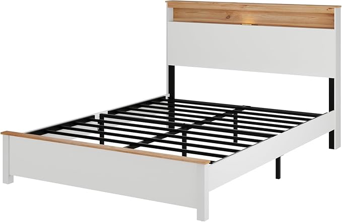 Full Bed Frame, Wood Platform Bed Frame with Storage Headboard, Charging Station, Modern Bedframe Full Size, 800lbs Capacity, Metal Slat Support, Noise-Free, No Box Spring Needed-White