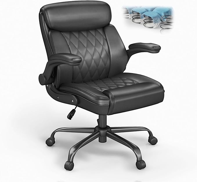 AnyGod Executive Leather Office Chair, Ergonomic Mid-Back Desk Chairs Comfy for Home Office with Flip-up Armrests, Lumbar Support, Adjustable Height and Swivel Rolling Wheels