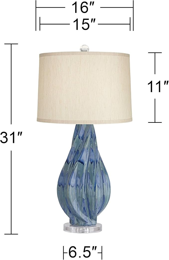 Possini Euro Design Teresa Modern Coastal Table Lamp 31" Tall Teal Blue Drip Ceramic Beige Fabric Drum Shade Decor for Bedroom Living Room House Bedside Nightstand Home Office Entryway Family