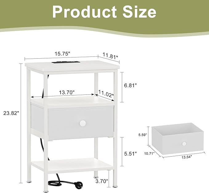 VECELO Night Stand with Charging Station, End Tables with Open Storage Shelf, Bed Side Tables with Fabric Drawers for Bedroom,Living Room,Elegant White