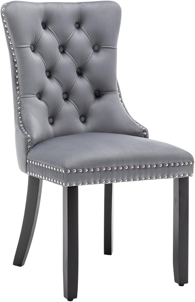 Velvet Dining Chairs Set of 4, Upholstered Dining Room Chairs with Nailhead Ring Pull Trim, Button Tufted Wing Back Chairs for Dining with Solid Wood Legs for Kitchen Dining Room(Grey)