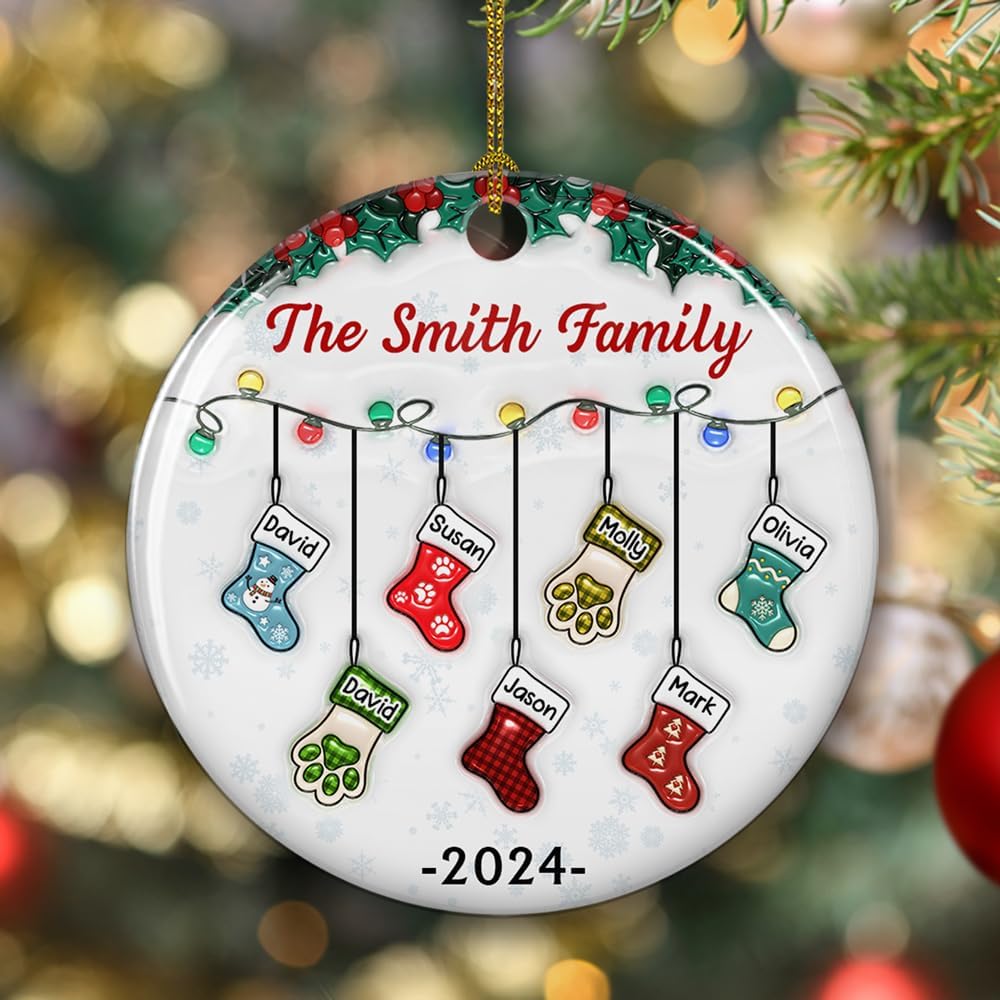 Stocking Personalized Family Christmas Ceramic Ornament 2025-3D Inflated Effect Custom Name Hanging Stock up to 10 Members, First Xmas as A Family Ornament Gifts (A04, 2 Names)