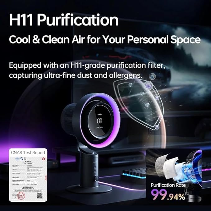 JISULIFE Table Purifier Fan, 3-in-1 Air Purifier Cool: HEPA H11 Filter, 7-Color RGB Light, 100-Speed, 10000mAh Battery, 120° Oscillating Desktop Fan for Gaming/Office Desk