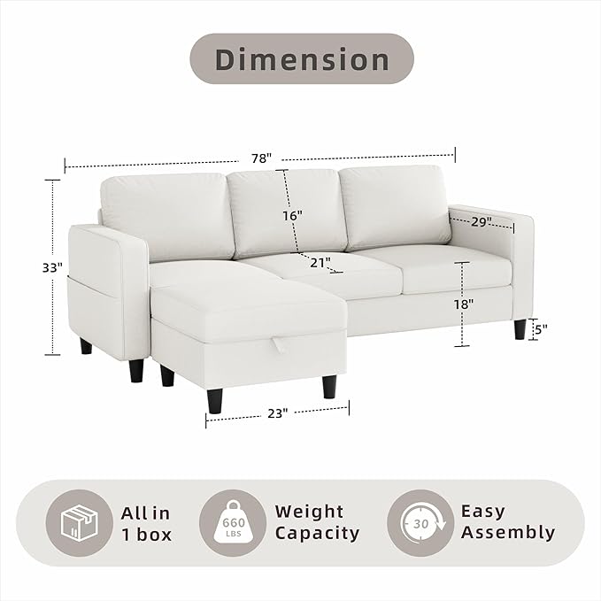 Sectional Sofa and Couches for Living Room, 78'' Beige 3 Seat L-Shaped Couch with Movable Ottoman, Comfy Linen Convertible Sectionals Sofas with Chaise for Apartment, Office, Small Space