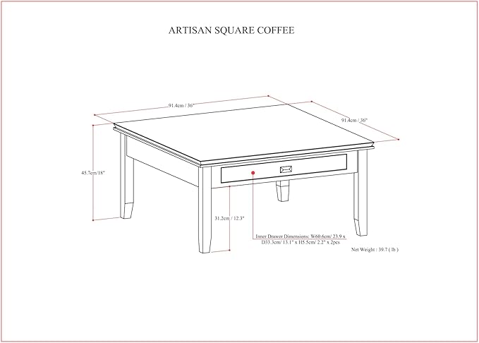 SIMPLIHOME Artisan Square Coffee Table - 36 inch Wide Solid Wood Transitional Cocktail Table in Russet Brown, Classic Living Room Table with Slatted Open Shelf and Contemporary Framed Top Design