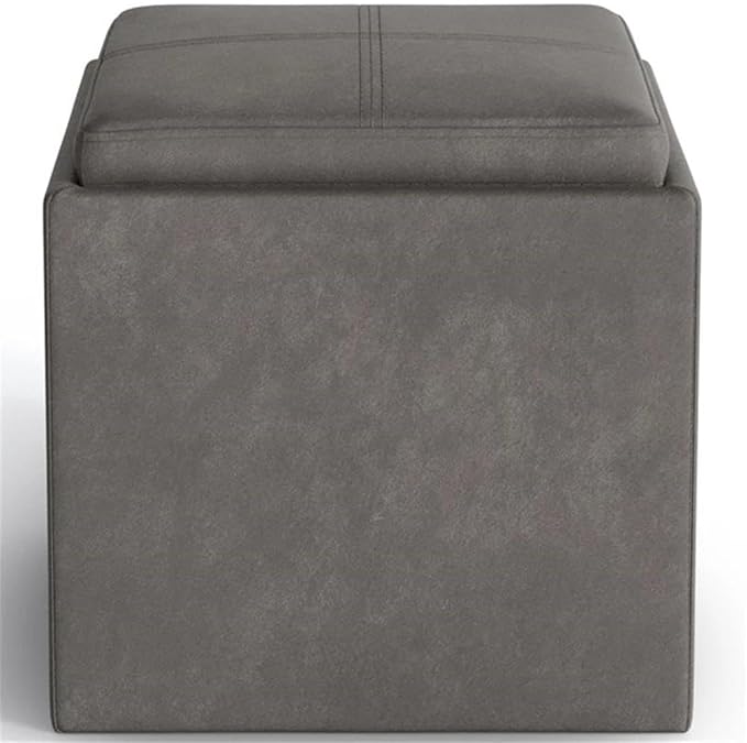 SIMPLIHOME Rockwood 18 inch Wide Contemporary Square Cube Storage Ottoman with Tray in Distressed Slate Grey Vegan Faux Leather, Assembled, for the Living Room, Entryway and Family Room