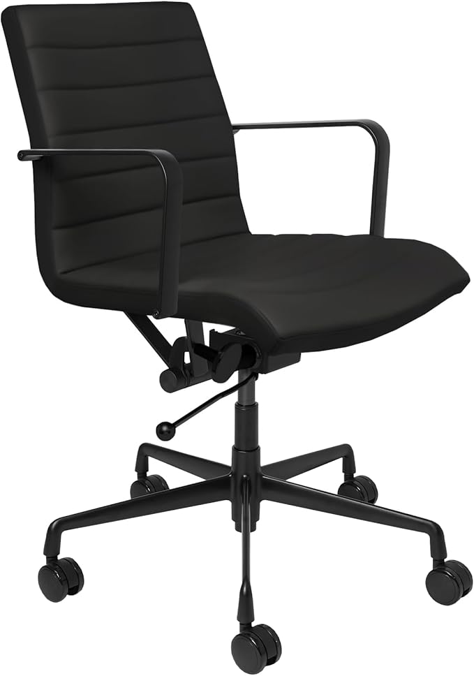Laura Davidson Furniture SOHO II Ribbed Office Chair - Mid Back Desk Chair, Ergonomically Designed with Arm Rest & Swivel, Made of Faux Leather, All Black Limited Edition, Computer Chair