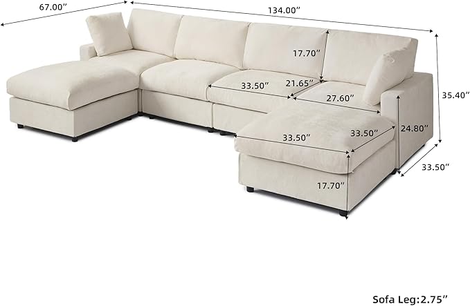 WJShome U Shaped Sectional Couch 134 Inch 4-Seater Modern Modular Sofa with 2 Ottoman,Chenille Deep Seat Couches for Living Room, Bedroom and Apartment，Beige