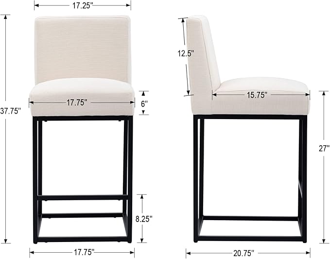 27" Height Cream Fabric Bar Stools Set of 2 Counter Height Stools with Back and Footrest for Kitchen Modern Metal Barstools, Linen Upholstered Farmhouse Bar Chairs Island Stool