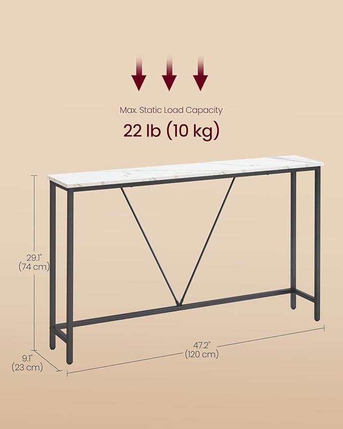 VASAGLE Console Sofa Table, Narrow Entryway Table, for Living Room, Bedroom, Easy Assembly, Marble White and Ink Black ULNT020W01