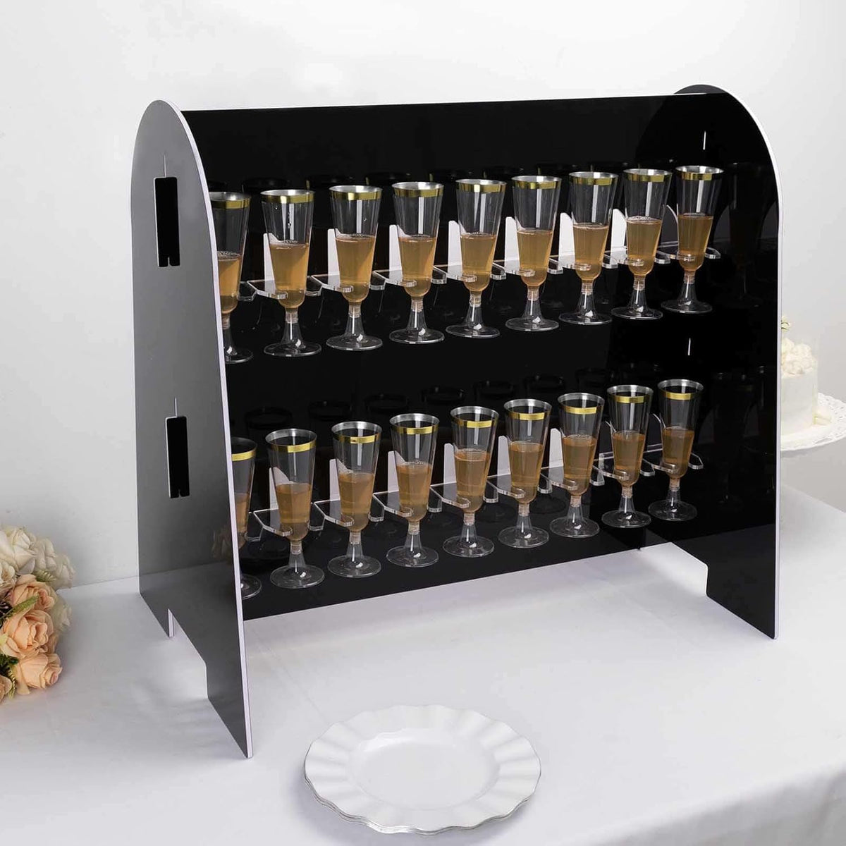 Tableclothsfactory Black Mirror Finish 2-Tier Wine Glass Stemware Rack, 18 Champagne Flute Holder Foam Board Stand - 25"