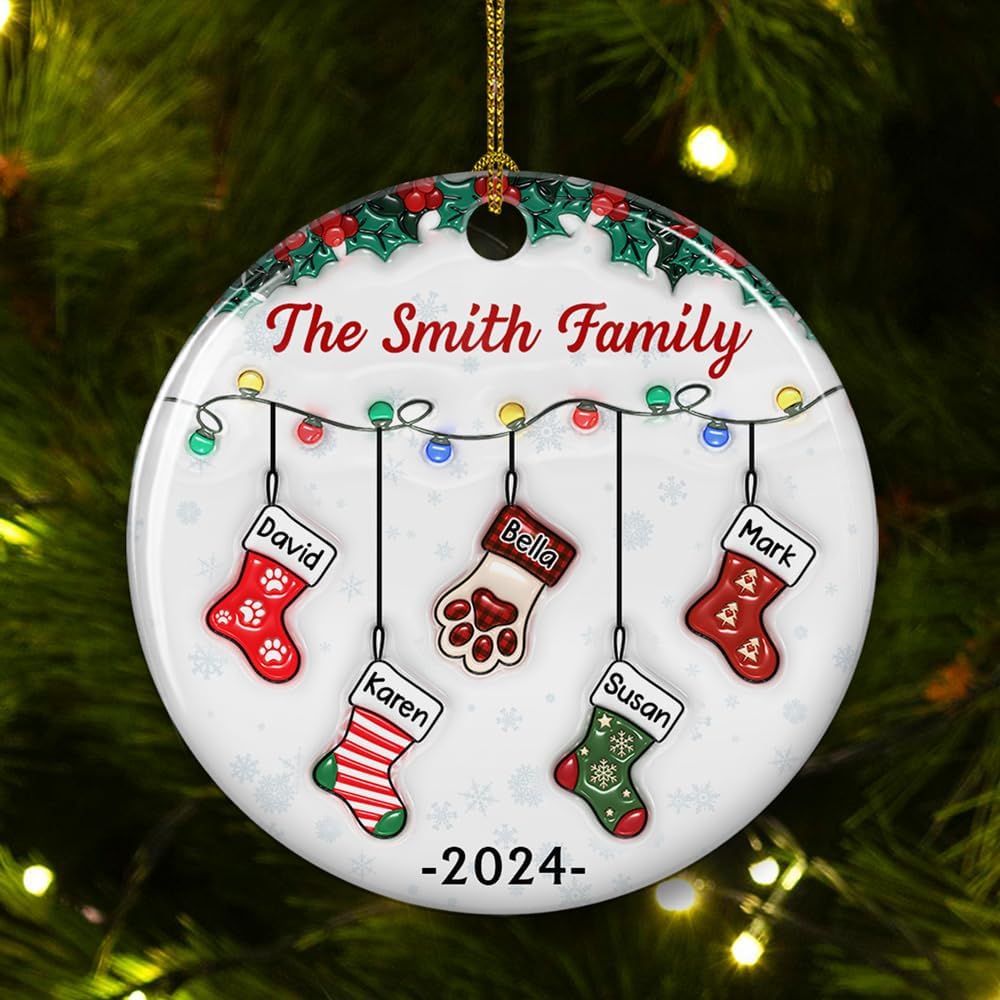 Stocking Personalized Family Christmas Ceramic Ornament 2025-3D Inflated Effect Custom Name Hanging Stock up to 10 Members, First Xmas as A Family Ornament Gifts (A04, 2 Names)