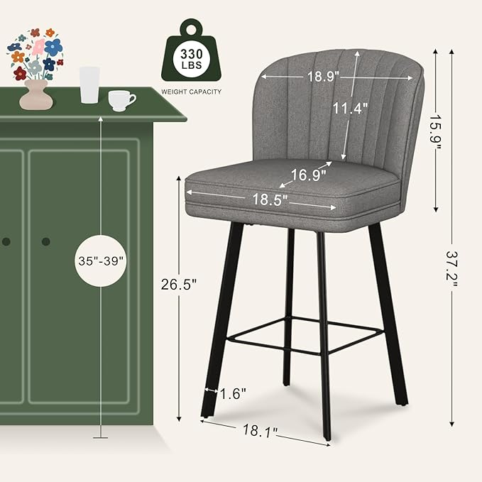Swivel Counter Height Bar Stools Set of 6, 26'' Modern Barstools with Backs and Metal Legs, Upholstered Bar Chairs,Mid-Gray,Fabric Stools for Kitchen Island Chairs
