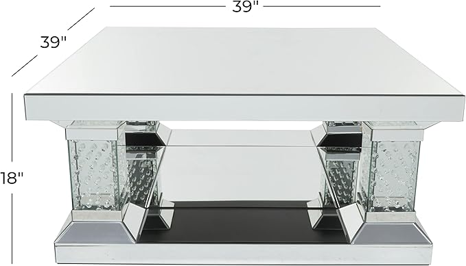 Deco 79 Wood Mirrored Coffee Table with Crystal Embellishments, 39" x 39" x 18", Silver