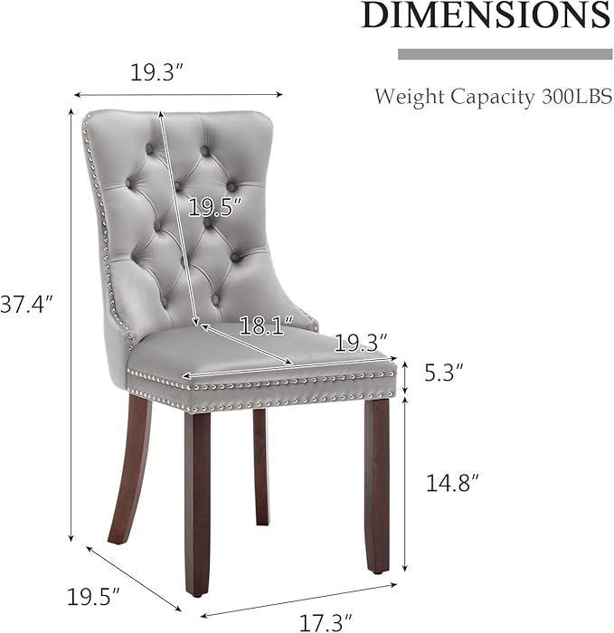Velvet Dining Chairs Set of 6, Tufted Dining Room Chairs with Nailhead Ring Pull Trim, Upholstered Dining Chairs with Solid Wood Legs for Kitchen Dining Room (Light Grey)