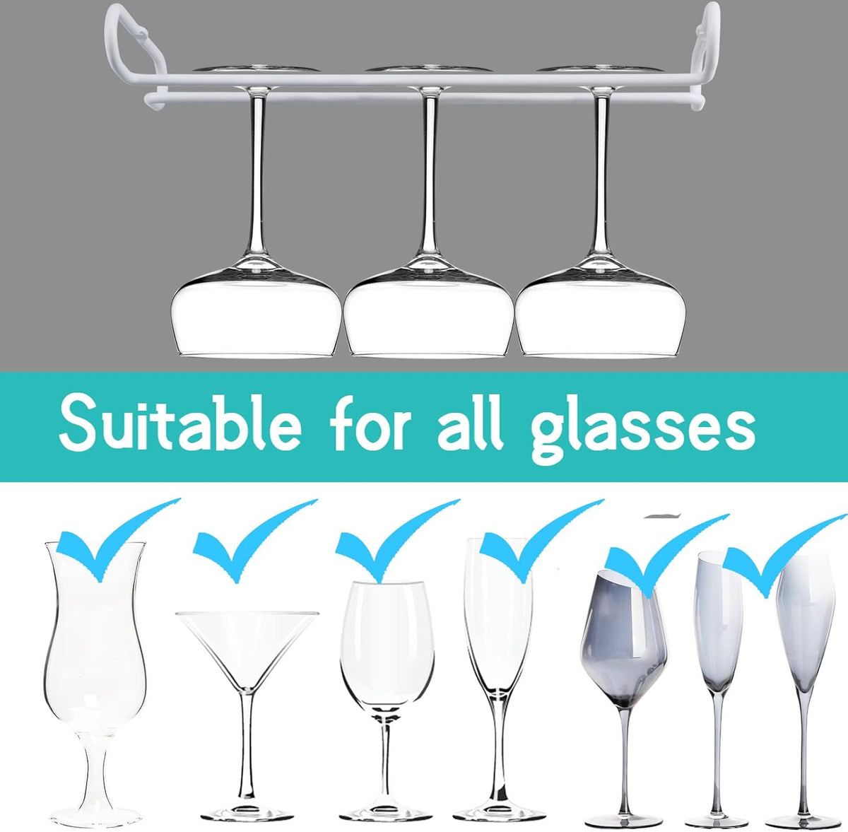 White 4 Wine Glass Rack Under Cabinet Shelf 10 Inch Stemware Storage Hanging Hanger Organizer Glasses Holder with Drying Under Counter Metal for Kitchen and Bar
