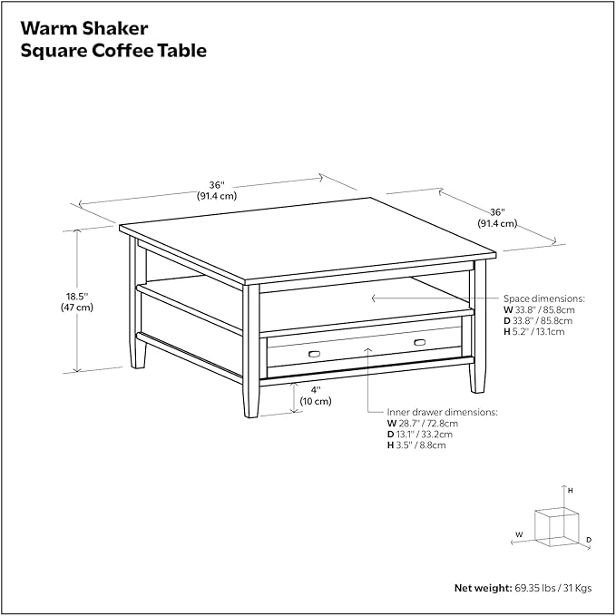 SIMPLIHOME Warm Shaker Square Coffee Table - 36 inch Wide Solid Wood Cocktail Table in Light Golden Brown, Transitional Living Room Table with Large Storage Drawer and Open Shelf for Sitting Area