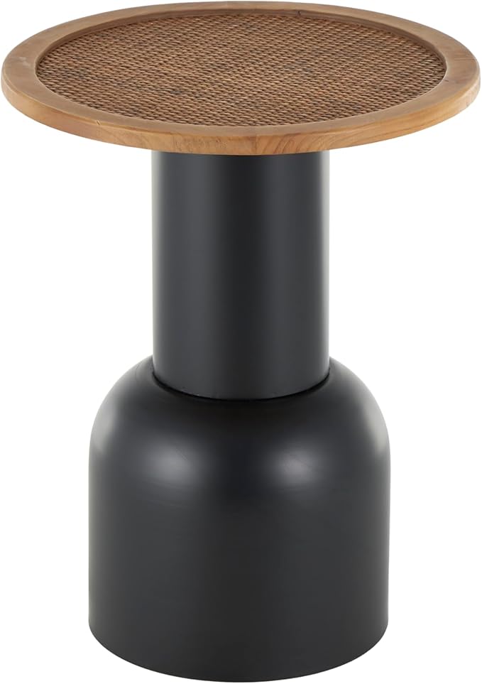 Deco 79 Metal Handmade Side End Accent Table Pedestal End Table with Brown Rattan Tabletop, Side Table 16" x 16" x 20", Black