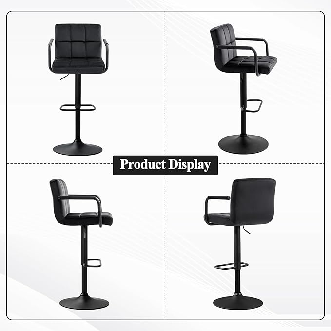 Furniliving Adjustable Barstools with Back, Black bar stools Set of 2, Velvet 360°Swivel Bar Stools, Double Stitching Counter Stools for Kitchen, Bar (Black)
